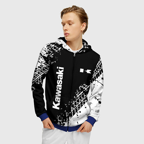 Мужская толстовка на молнии Kawasaki - следы от шин / 3D-Синий – фото 3