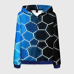Толстовка 3D на молнии мужская Белые шестиугольники на чёрно-синем фоне, цвет: 3D-синий