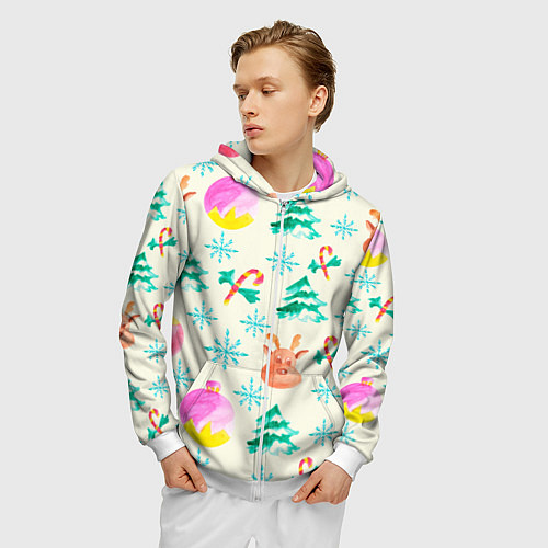 Мужская толстовка на молнии Зимний новогодний узор / 3D-Белый – фото 3