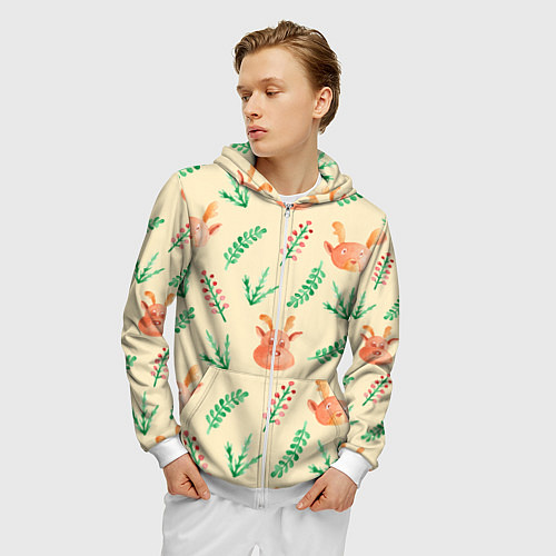 Мужская толстовка на молнии Новогодний узор с оленями и веточками / 3D-Белый – фото 3