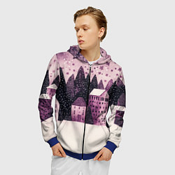 Толстовка 3D на молнии мужская Новогодние домики в лесу, цвет: 3D-синий — фото 2