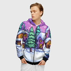 Толстовка 3D на молнии мужская Новогодний мультяшный двор, цвет: 3D-черный — фото 2