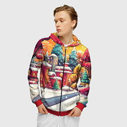 Толстовка 3D на молнии мужская Новогодний город в оранжевых оттенках, цвет: 3D-красный — фото 2