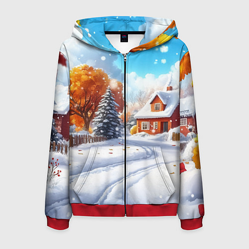 Мужская толстовка на молнии Новогодний пейзаж и домики / 3D-Красный – фото 1