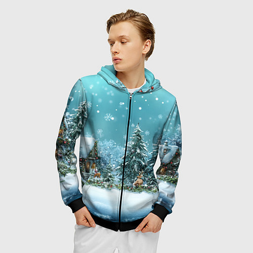 Мужская толстовка на молнии Новогодний снегопад / 3D-Черный – фото 3
