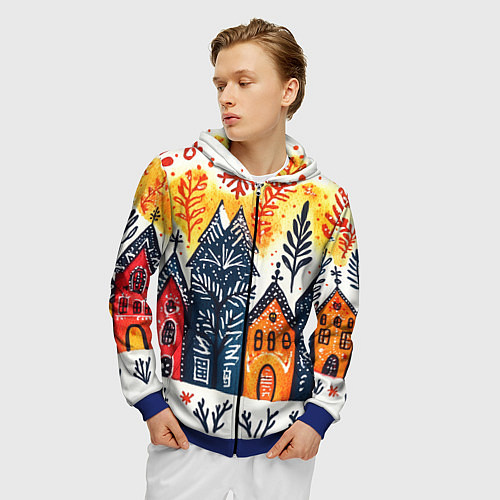 Мужская толстовка на молнии Разноцветные новогодние дома / 3D-Синий – фото 3