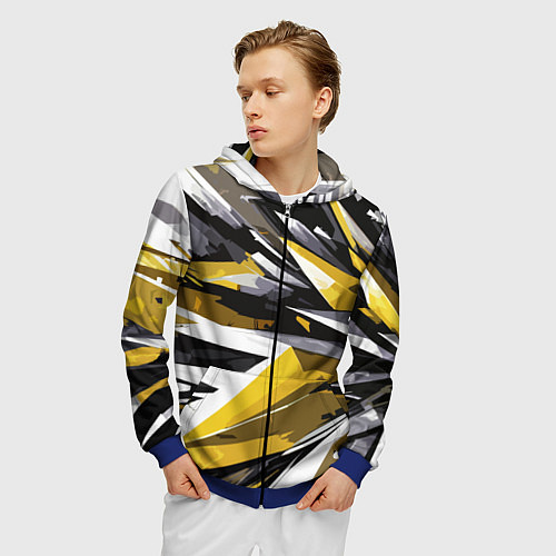 Мужская толстовка на молнии Чёрно-жёлто-белая абстракция / 3D-Синий – фото 3