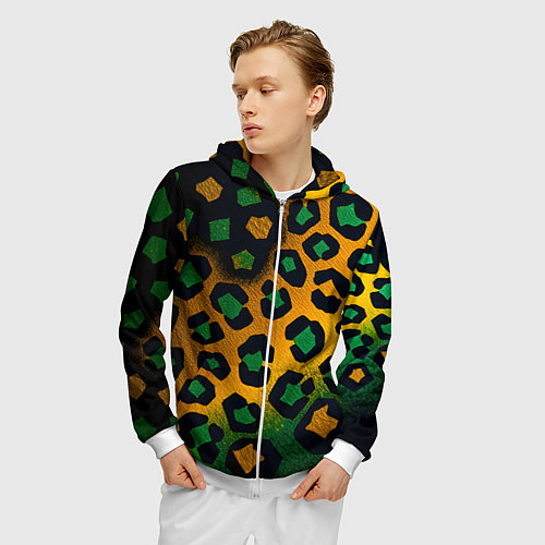 Мужская толстовка на молнии Зеленые и золотые пятна леопарда / 3D-Белый – фото 3