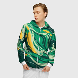 Толстовка 3D на молнии мужская Абстрактные полосы в зелёных тонах, цвет: 3D-белый — фото 2