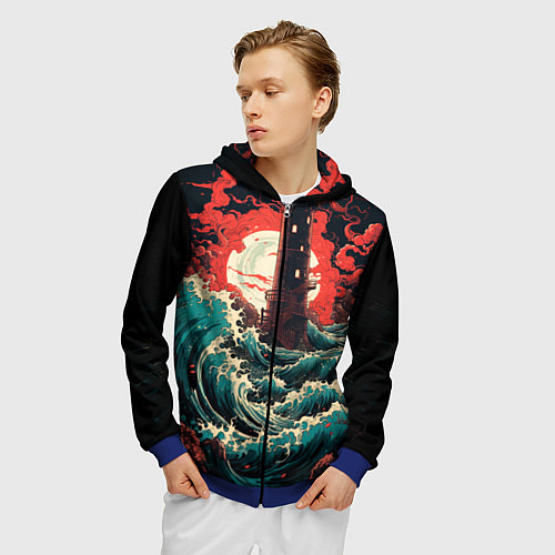 Мужская толстовка на молнии Маяк и волны в японском стиле / 3D-Синий – фото 3