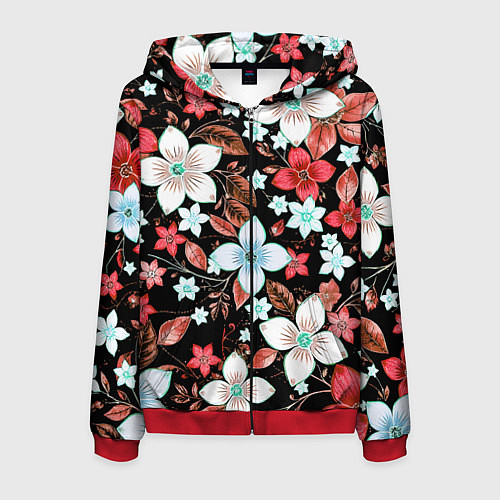Мужская толстовка на молнии Красно-белые цветы на чёрном фоне / 3D-Красный – фото 1
