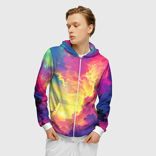 Мужская толстовка на молнии Розовые облака на синем небе / 3D-Белый – фото 3