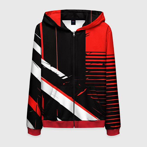 Мужская толстовка на молнии Красно белые полосы на чёрном фоне / 3D-Красный – фото 1