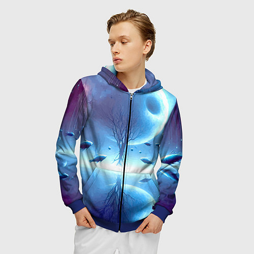 Мужская толстовка на молнии Луна и рыбы - нейроарт фантазия / 3D-Синий – фото 3