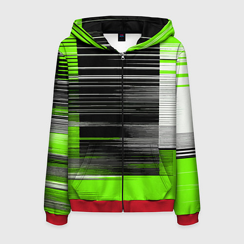 Мужская толстовка на молнии Белые вертикальные полосы на чёрно-зелёном фоне / 3D-Красный – фото 1