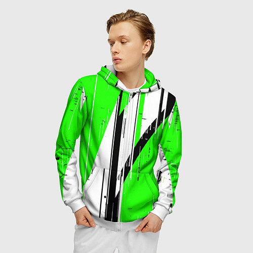 Мужская толстовка на молнии Black and white vertical stripes on a green backgr / 3D-Белый – фото 3