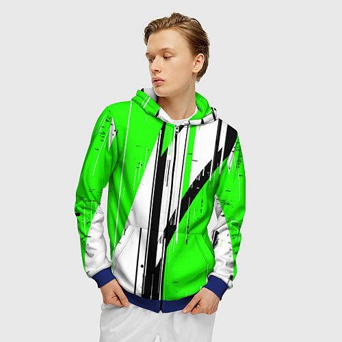 Мужская толстовка на молнии Black and white vertical stripes on a green backgr / 3D-Синий – фото 3