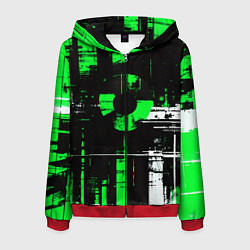 Толстовка 3D на молнии мужская Зелёно-белый гранж на чёрном фоне, цвет: 3D-красный