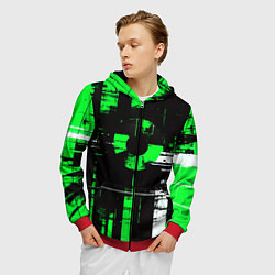 Толстовка 3D на молнии мужская Зелёно-белый гранж на чёрном фоне, цвет: 3D-красный — фото 2