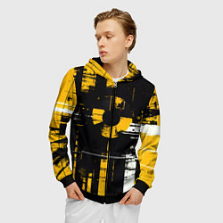 Толстовка 3D на молнии мужская Жёлто-белый гранж на чёрном фоне, цвет: 3D-черный — фото 2