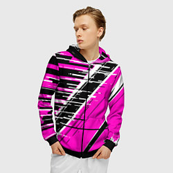 Толстовка 3D на молнии мужская Чёрно-белые глитч полосы на розовом фоне, цвет: 3D-черный — фото 2