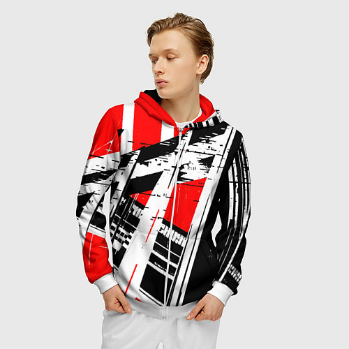 Мужская толстовка на молнии Чёрно-белые абстрактные линии на красном фоне / 3D-Белый – фото 3