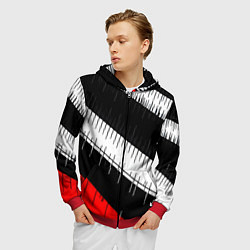 Толстовка 3D на молнии мужская Диагональные чёрно-белые полосы на красном фоне, цвет: 3D-красный — фото 2