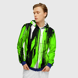 Толстовка 3D на молнии мужская Вертикальные чёрно-белые линии на зелёном фоне, цвет: 3D-синий — фото 2