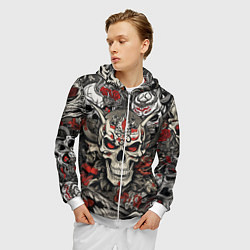 Толстовка 3D на молнии мужская Череп в маске Хання, цвет: 3D-белый — фото 2
