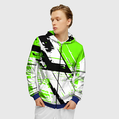 Мужская толстовка на молнии Diagonal black and green stripes on a white backgr / 3D-Синий – фото 3