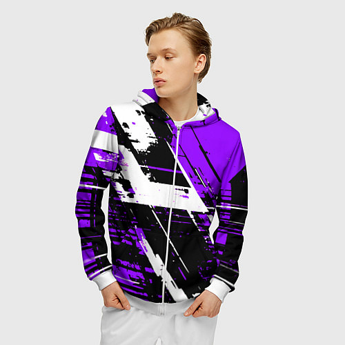 Мужская толстовка на молнии Diagonal black and white stripes on a purple backg / 3D-Белый – фото 3