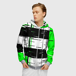Толстовка 3D на молнии мужская Зелёные и чёрные полосы на белом фоне, цвет: 3D-меланж — фото 2