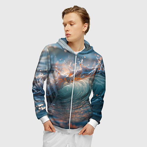 Мужская толстовка на молнии Волна и блики солнца / 3D-Белый – фото 3