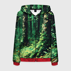 Толстовка 3D на молнии мужская Зелёный летний лес, цвет: 3D-красный