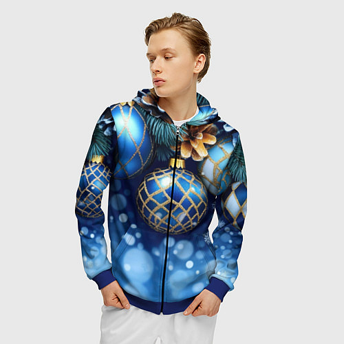 Мужская толстовка на молнии Синие новогодние шары / 3D-Синий – фото 3