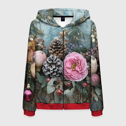 Мужская толстовка на молнии Новогодние цветы и шишки / 3D-Красный – фото 1