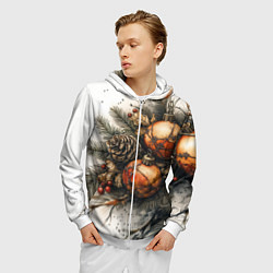 Толстовка 3D на молнии мужская Новогодние игрушки и шишки, цвет: 3D-белый — фото 2