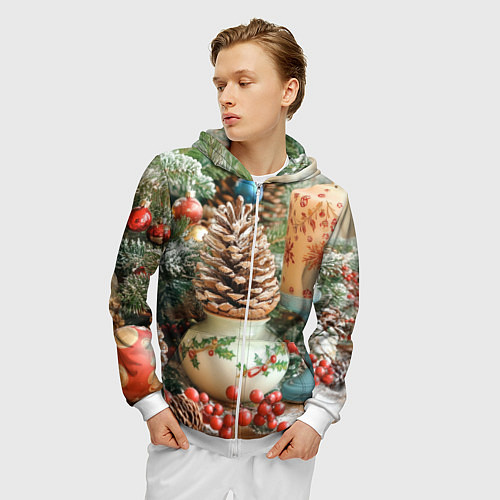 Мужская толстовка на молнии Новогодняя атрибутика / 3D-Белый – фото 3