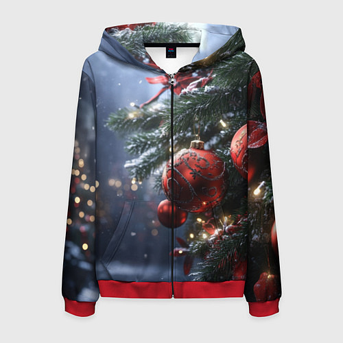 Мужская толстовка на молнии Красные новогодние шары с узорами / 3D-Красный – фото 1