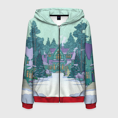 Мужская толстовка на молнии Новый год - двор / 3D-Красный – фото 1