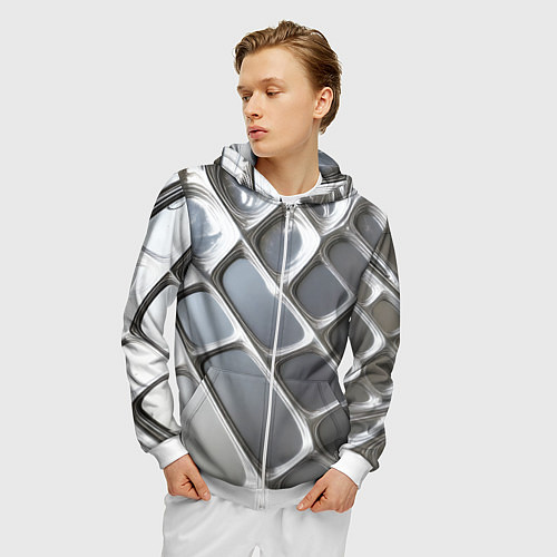 Мужская толстовка на молнии Полированный металл серебряный / 3D-Белый – фото 3
