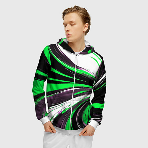 Мужская толстовка на молнии Волнистые чёрно-зелёные линии на белом фоне / 3D-Белый – фото 3