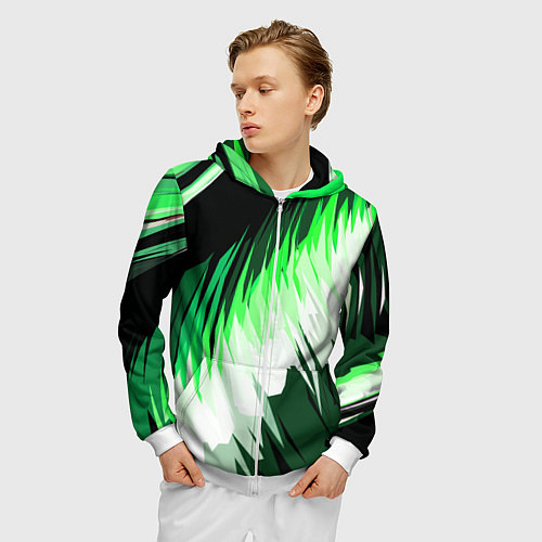Мужская толстовка на молнии Зелёно-белая абстракция на чёрном фоне / 3D-Белый – фото 3