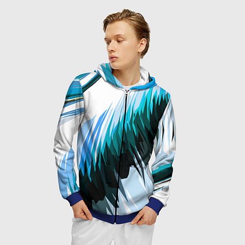 Мужская толстовка на молнии Чёрно-синие острые полосы на белом фоне / 3D-Синий – фото 3