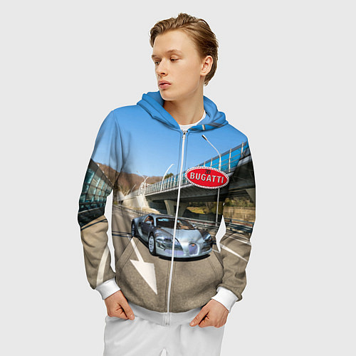 Мужская толстовка на молнии Бугатти на трассе / 3D-Белый – фото 3
