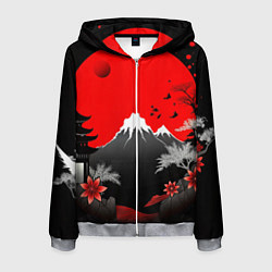 Толстовка 3D на молнии мужская Японская гора и красная луна, цвет: 3D-меланж
