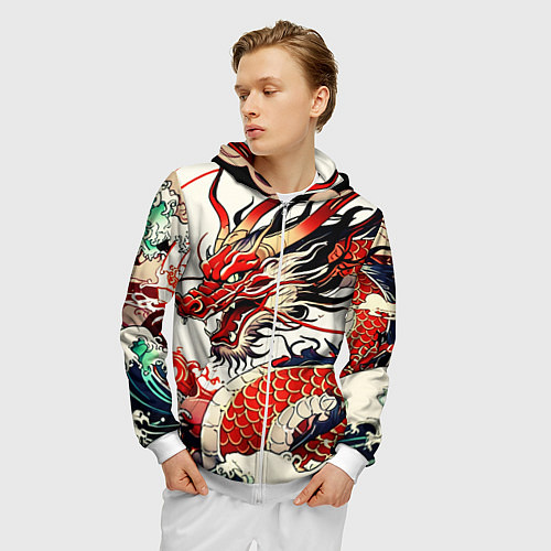 Мужская толстовка на молнии Красный дракон в японском стиле ирезуми / 3D-Белый – фото 3
