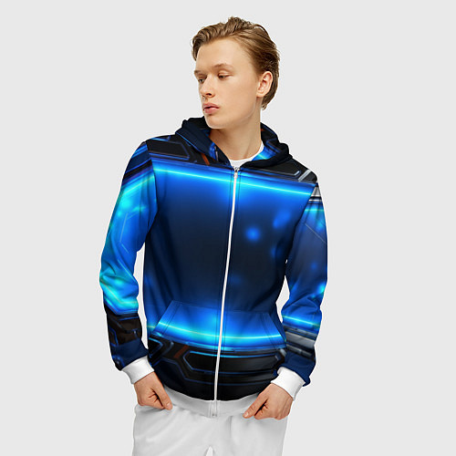 Мужская толстовка на молнии Синяя неоновая атмосфера / 3D-Белый – фото 3