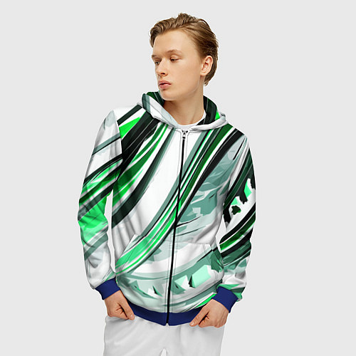 Мужская толстовка на молнии Волнистая бело-зелёная абстракция / 3D-Синий – фото 3