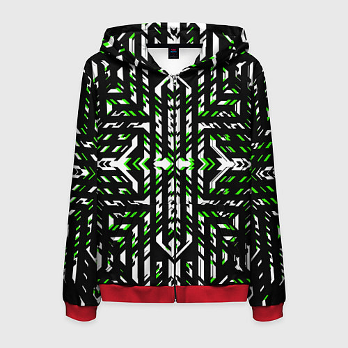 Мужская толстовка на молнии Чёрно-зелёный диагональные полосы на белом фоне / 3D-Красный – фото 1